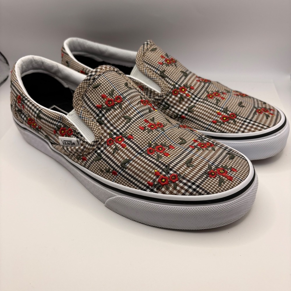 Vans Classic Slip-On Glen Plaid Floral Embroidery Sneakers Womens 7 Mens 5.5 - Picture 2 of 6